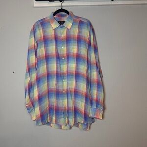 Mine Button Up Linen Shirt Mens Size Large Multicolor Plaid Bright Easter Spring